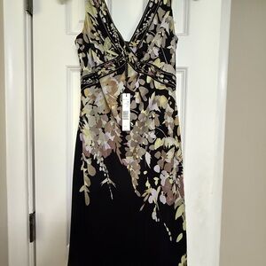Elie Tahari Black and Cream Floral Midi Dress